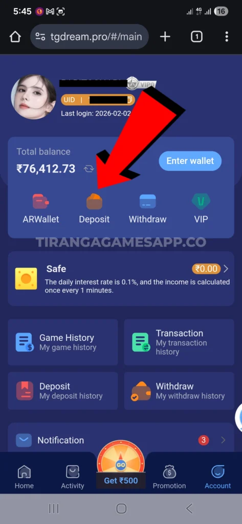 tiranga-game-account-page